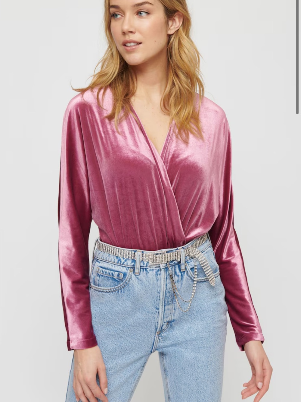 Wrap-Front Velvet Bodysuit Boysenberry Pink / Purple Long Sleeve Size S NWT